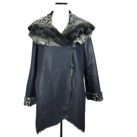 CHI by Falchi Faux Suede Faux Fur Reversible Leopard Print Coat, Size Large - Picture 3 of 16